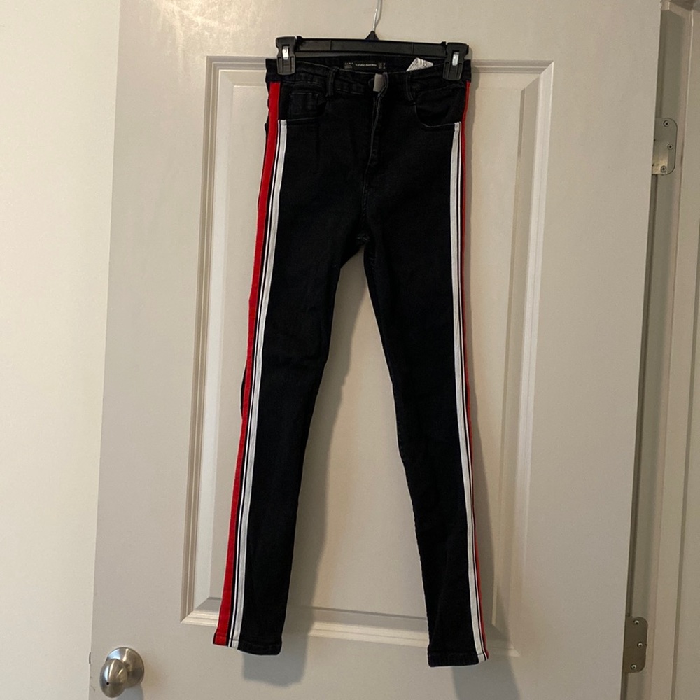 Zara black jeans with red and white stripes